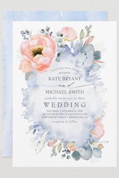 the watercolor floral wedding card is shown