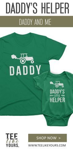 This makes the PERFECT Gift! Included: 2 Shirts (Adult Tee & Infant One Piece/Toddler/Youth) - Choose Father and Son Matching T-shirts for Father's day gift. Daddy and Daddy's Little Helper. Father's Day gift for him. Farm Birthday with Green Tractors. Shop this Father and Son or Father and Daughter Matching shirts set. Daddy and Daddy's Little Helper is the best personalized gift for Father's Day. These funny Tractor shirts are the great gift for New Daddy and his Baby as well.  Gift for him. Green Family Matching Tops For Gift, Father Son Matching Shirts, Birthday Gift For Dad, Father Christmas Gifts, Green Tractors, Happy Wife Happy Life, Couple Tees, Farm Birthday, Happy Wife