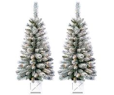 two white christmas trees with snow on them