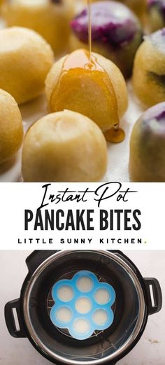 the pancake bites are being drizzled with syrup and served in an electric pressure cooker