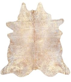 a white cowhide rug is shown on a white background, with light brown spots