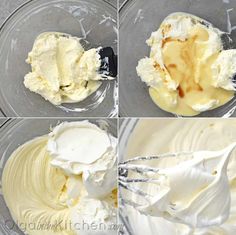 four pictures showing how to make the best meringue for cheesecakes in a glass bowl