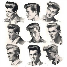 1910s Hairstyles Men, Pompadour Drawing Reference, 50s Male Hairstyles, 70s Men Hairstyles, Mens 50s Hairstyles, 1950 Hairstyles, 1950s Mens Hairstyles