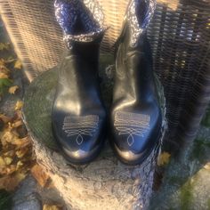 Size 39, Black Short Cowboy Boots. Never Worn. With Original Dustbag. Lined In Black “Bandanna “ Like Material. Metal Toe Cap . Calf Leather. Decorative Stitching. Black And White Fabric Lining. Side Zip Fastening Western Black Moto Boots For Rodeo, Black Ankle Boots For Ranch, Western Black Boots For Country Events, Black Western Boots For Country Events, Black Moto Boots For Rodeo, Black Country Style Boots For Ranch, Black Snip Toe Boots For Festival, Black Ankle Moto Boots For Western-themed Events, Black Snip Toe Festival Boots