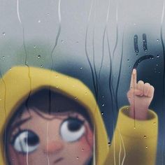 a girl in a yellow raincoat is holding an umbrella and pointing at the sky