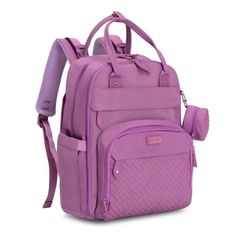 a purple backpack with straps on the front and side pockets, sitting against a white background