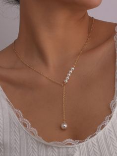 Yellow Gold Elegant   Zinc Alloy  Y-Necks + Lariats Embellished   Jewelry Pearl Jewelry Design Necklace, Handmade Jewelry Ideas Necklace, Handmade Necklace Ideas, One Pearl Necklace, Handmade Pearl Jewelry, Bridal Necklace Designs, Neck Pieces Jewelry