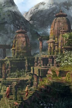 an artist's rendering of some ancient ruins in the middle of a mountain range