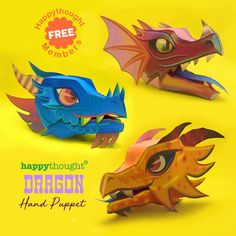 three paper dragon heads on yellow background with free printables for each individual item