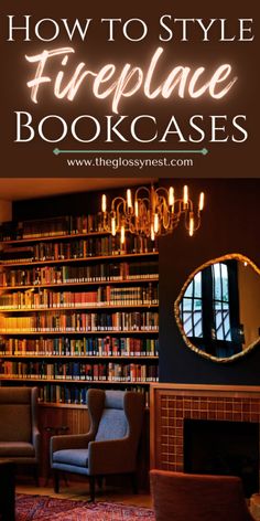 a living room filled with furniture and a fire place in front of a bookshelf