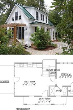 the floor plan for a small house with an attached porch and stairs to the second story