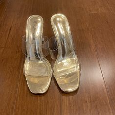 Shoeland High Heel Sandals Size 9 Plastic Heel Plastic Straps 4” Heel Rose Gold Base Never Worn Gold Heels With Clear Strap For Spring, Gold High Heels With Clear Strap, Gold Heels With Clear Strap For Evening, Plastic Heels, Heel Sandals, High Heel Sandals, High Heel, Shoes Women Heels, Sandals Heels