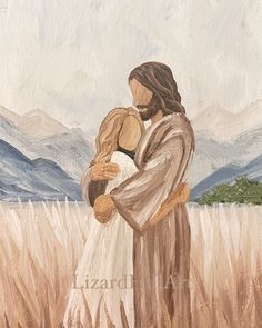 a painting of jesus holding a woman in a wheat field with mountains in the background