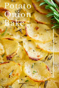 baked potato onion bake with rosemary garnish on top and text overlay