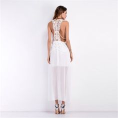 White Long O-Neck Lace Beach Maxi Dress - Uniqistic.com V-neck Backless Sundress For Vacation, Casual Backless V-neck Dress For Vacation, Chic Backless Maxi Dress For Beach Season, Elegant Backless Dress For Beach Vacation, Chic Backless Maxi Dress For Vacation, Backless Midi Dress For Beach, Chic Backless Sundress For Beach, Chic V-neck Backless Dress For The Beach, Chic Summer Backless Dress For Vacation