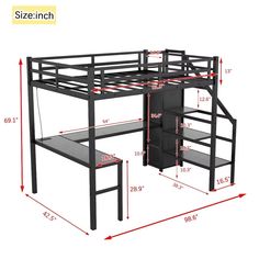 a loft bed with desk and shelves is shown in the measurements for this size chart