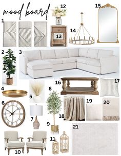 living room mood board with white couches, gold accents and neutral decor for the home