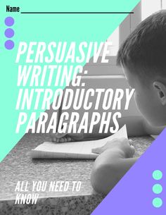 a young boy is writing on a book with the words persuasie writing in front of him