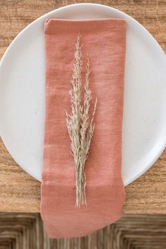 a white plate topped with a pink napkin and a dried plant on top of it