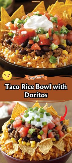 Spice up your mealtime with a Taco Rice Bowl with Doritos, a fun and flavorful twist on traditional tacos. This bowl layers seasoned ground beef, fresh vegetables, and zesty cheese over a bed of warm rice, all topped with crunchy Doritos for an extra kick. It’s a vibrant, satisfying dish that's perfect for a casual dinner or entertaining friends. #TacoBowl #Doritos #EasyMeals Nachos With Rice, Dorito Recipes, Taco Rice Bowl, Rice Dinner Recipes, Traditional Tacos, Doritos Taco Salad, Taco Salad Doritos, Quick Dinner Options, Taco Salad Bowls