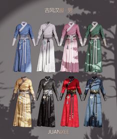 six different colored dresses are shown in various styles and colors, with the names juanxkeee written on them