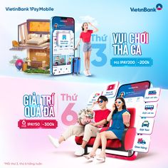 two people sitting on a red chair in front of an advertisement for the vietnam fly mobile