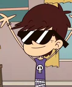 a cartoon character wearing sunglasses and holding his arms in the air