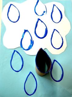 a paper plate with blue paint and some water drops on it next to a cup