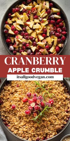 cranberry apple crumble in a skillet with the title above it