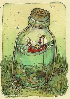 a glass jar filled with lots of water and animals in the bottom, sitting on top of