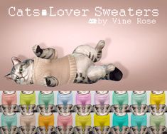 a cat laying on top of a pile of colorful pants next to a wall with cats in sweaters