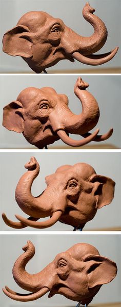 three different images of an elephant's head and tusks, each with its trunk in the air