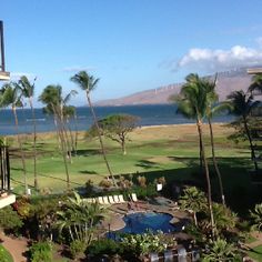 an aerial view of a resort with palm trees and the ocean in the back ground