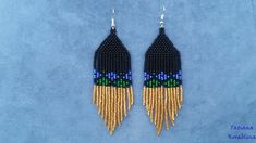 These handmade earrings are made of high-quality Czech beads and strong synthetic thread.In these unique earrings I use my author's scheme . They are elegant, fashionable, and highly versatile, suitable for everyday wear. Color: black,blue, green . 100% hand made with love! Copy without my permission is prohibited Measurements: Length-10.5cm,Width -3 cm Materials: Silver tone metalic plated ear hooks Czech glass beads Nylon Thread Handmade Blue Chandelier Earrings For Festive Occasion, Festive Handmade Blue Beaded Earrings, Blue Beaded Fringe Earrings For Festival, Traditional Beaded Fringe Earrings For Beach, Blue Fringe Beaded Earrings For Beach, Crow Beaded Earrings, Raven Seed Bead Earrings, Ear Hook, Fringe Earrings