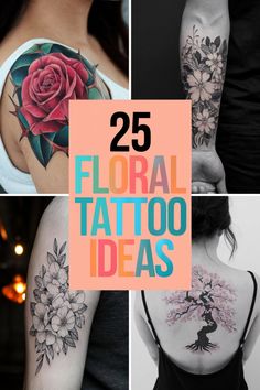 25 floral tattoo ideas featuring various flower designs on different body parts. Floral Tattoo With Black Background, Large Flower Tattoo, Floral Tattoo Ideas, Tattoo World, Poppies Tattoo, Realistic Rose, Floral Tattoo Sleeve, Floral Tattoos