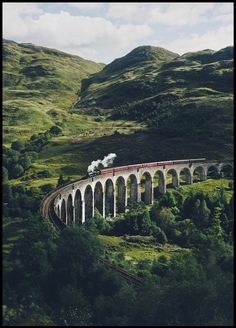 a train traveling over a bridge on top of a lush green hillside next to mountains