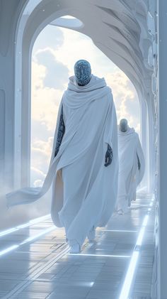 two people in white robes are walking through a tunnel with clouds and sky behind them