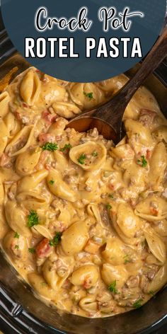 a crock pot filled with tortellini shells and meat in a creamy sauce