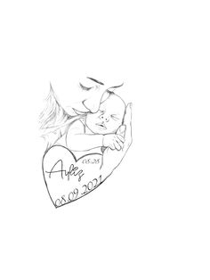 a black and white drawing of a mother holding her baby in her arms, with the date written on it