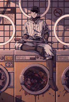 a man sitting on top of a washing machine with lots of dirty laundry in front of him