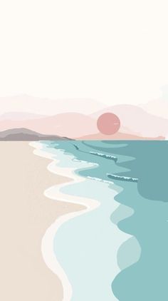 the sun is setting over the water at the beach with pink and blue waves in the foreground