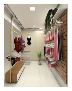 the interior of a women's clothing store with clothes hanging on racks and shelves