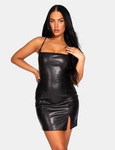 A mini dress in black pu with a split front. lace up back and sqaure neck. The model pictured is wearing a UK 8 Material: 95% POLYESTER 5% ELASTANE Length : Approximately 39cm Washing Instructions: Wash with similar colour Mini Dress Black, Grab Bags, Model Pictures, Platform Boots, Mini Black Dress, Baby Pink, Faux Suede, Dress Black, Leather Skirt