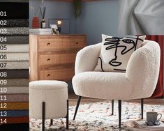 a chair and ottoman with pillows on top of it in front of a carpeted room