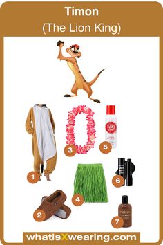 the lion king costume and accessories are shown with text that reads, timon the lion king