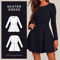 a women's skater dress sewing pattern with long sleeves and pleaed hems