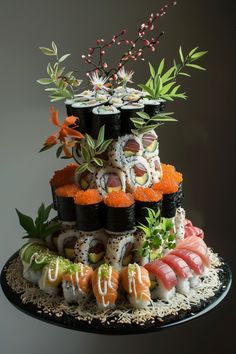 sushi is stacked on top of each other with different toppings and garnishes