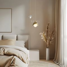 a white bed sitting next to a tall window with curtains on top of it and a vase filled with flowers