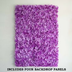 an image of purple flowers on the wall with text that reads, includes four background panels