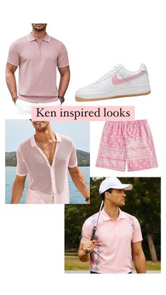 a man in pink shirt and shorts standing next to a white tennis shoe with the words'ken inspired looks'on it